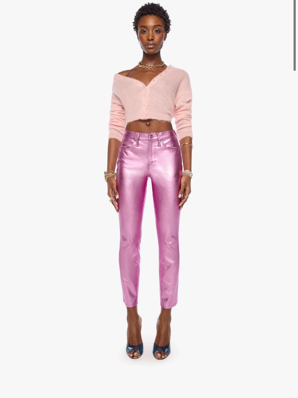 MOTHER Metallic Pink Cropped Straight-Leg Pants